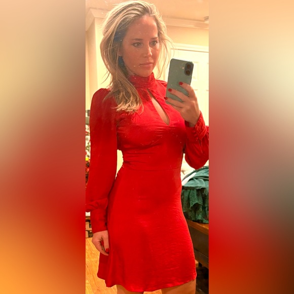 Reformation Dresses & Skirts - Gorgeous RARE  Reformation Red Satin Dress with Cuffed Sleeves